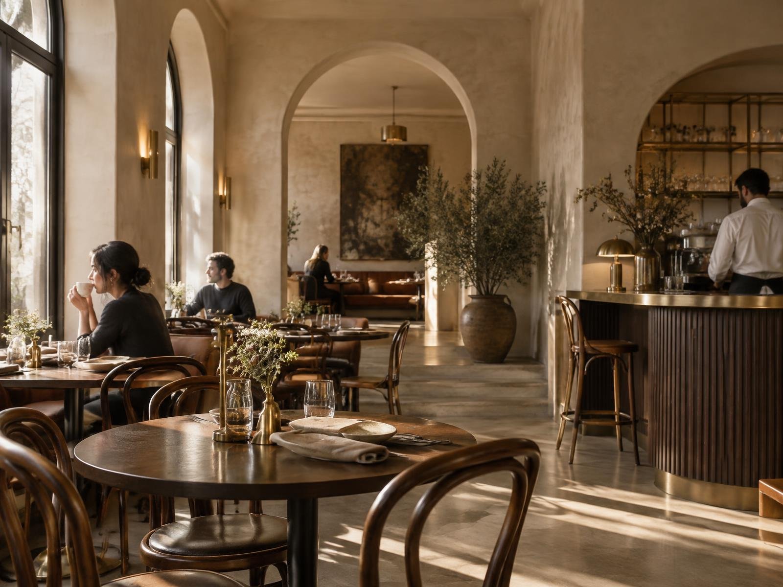 Warm café interior with guests